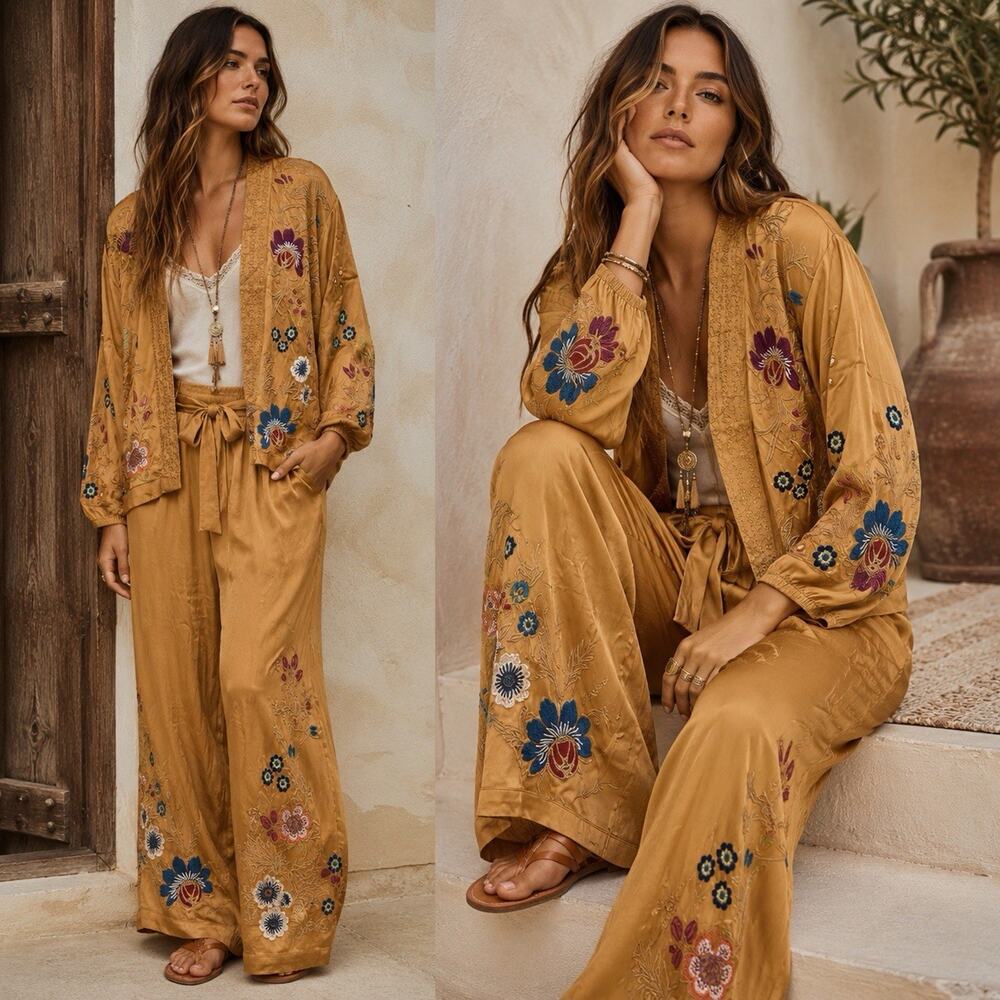 Johnny Was Workshop Embroidered 2 Pc Silk Blend Kimono Jacket Wide Leg Pant Set
